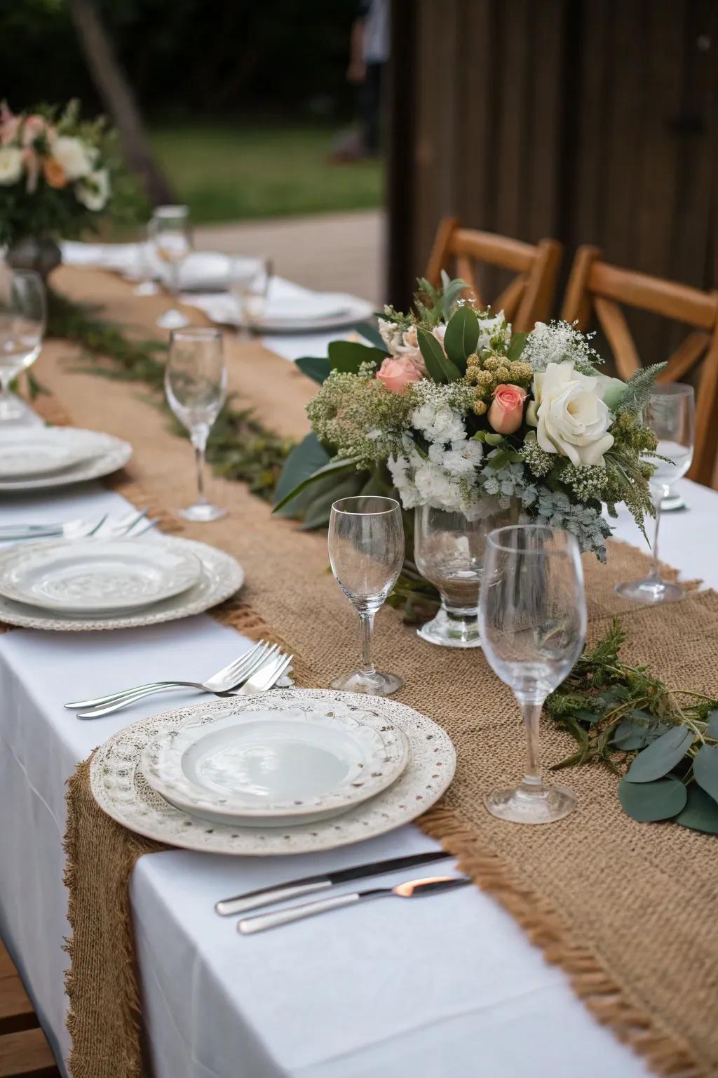 Infuse a countryside feel into your dining setup with a hessian runner.
