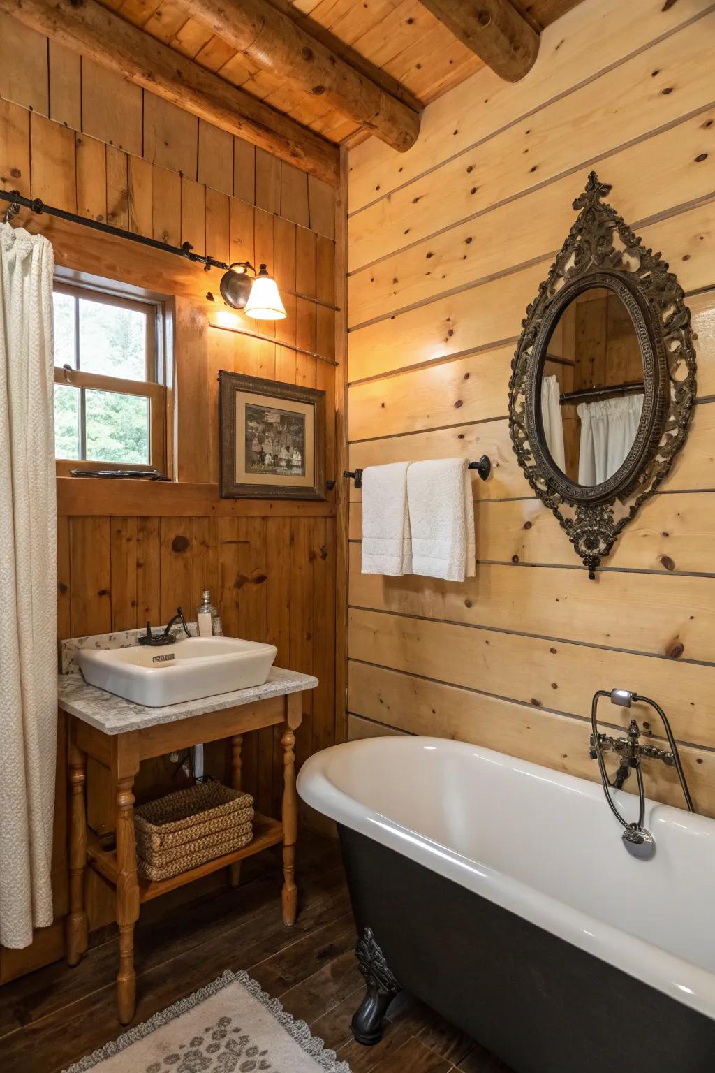 A cabin bathroom featuring wooden cladding and country-style design.