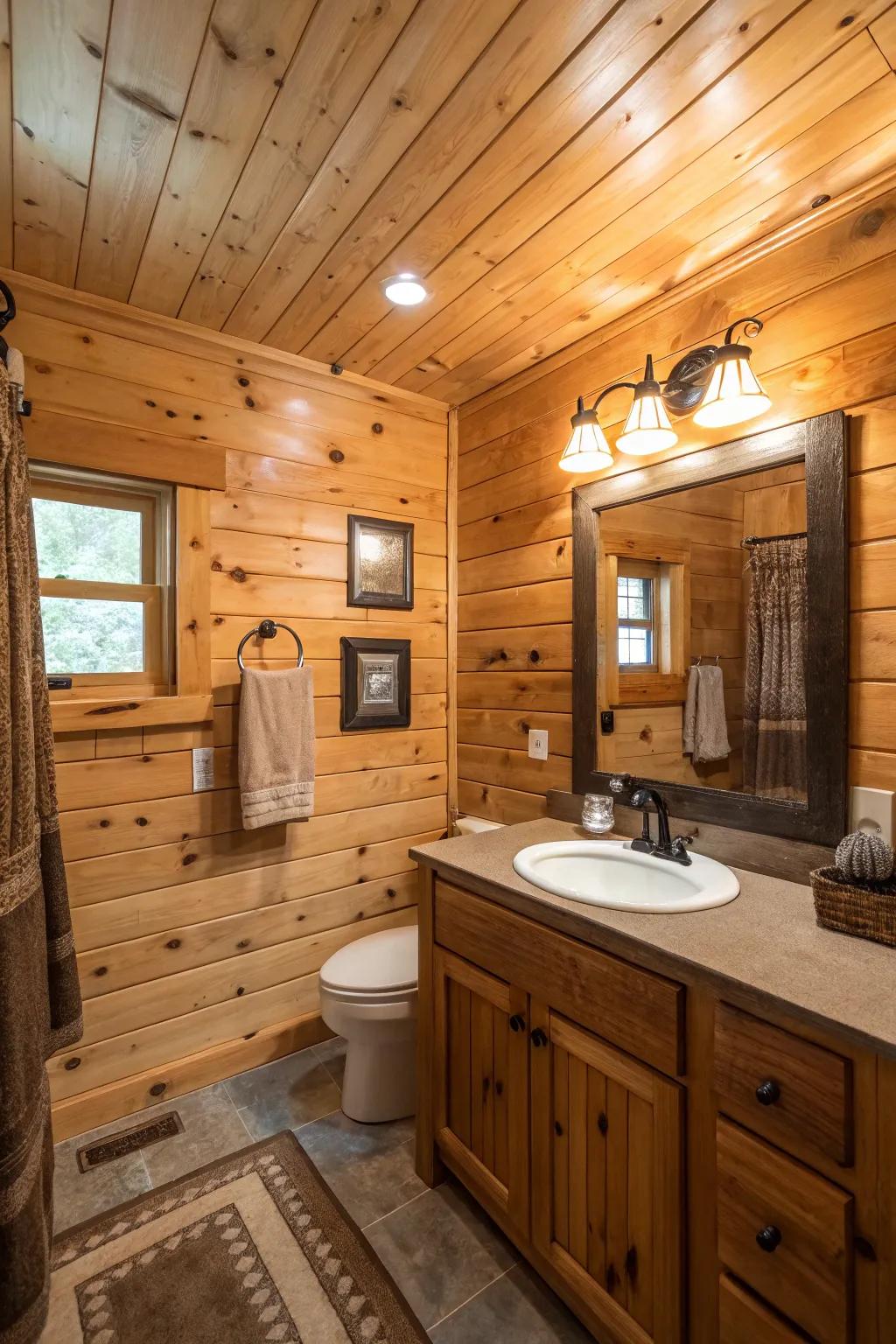 Comfortable cabin bathroom showcasing upcycled wood components.