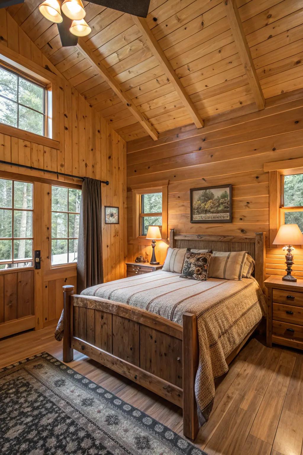 A cabin bedroom showcasing wooden walls and furnishings enhanced by cozy lighting.