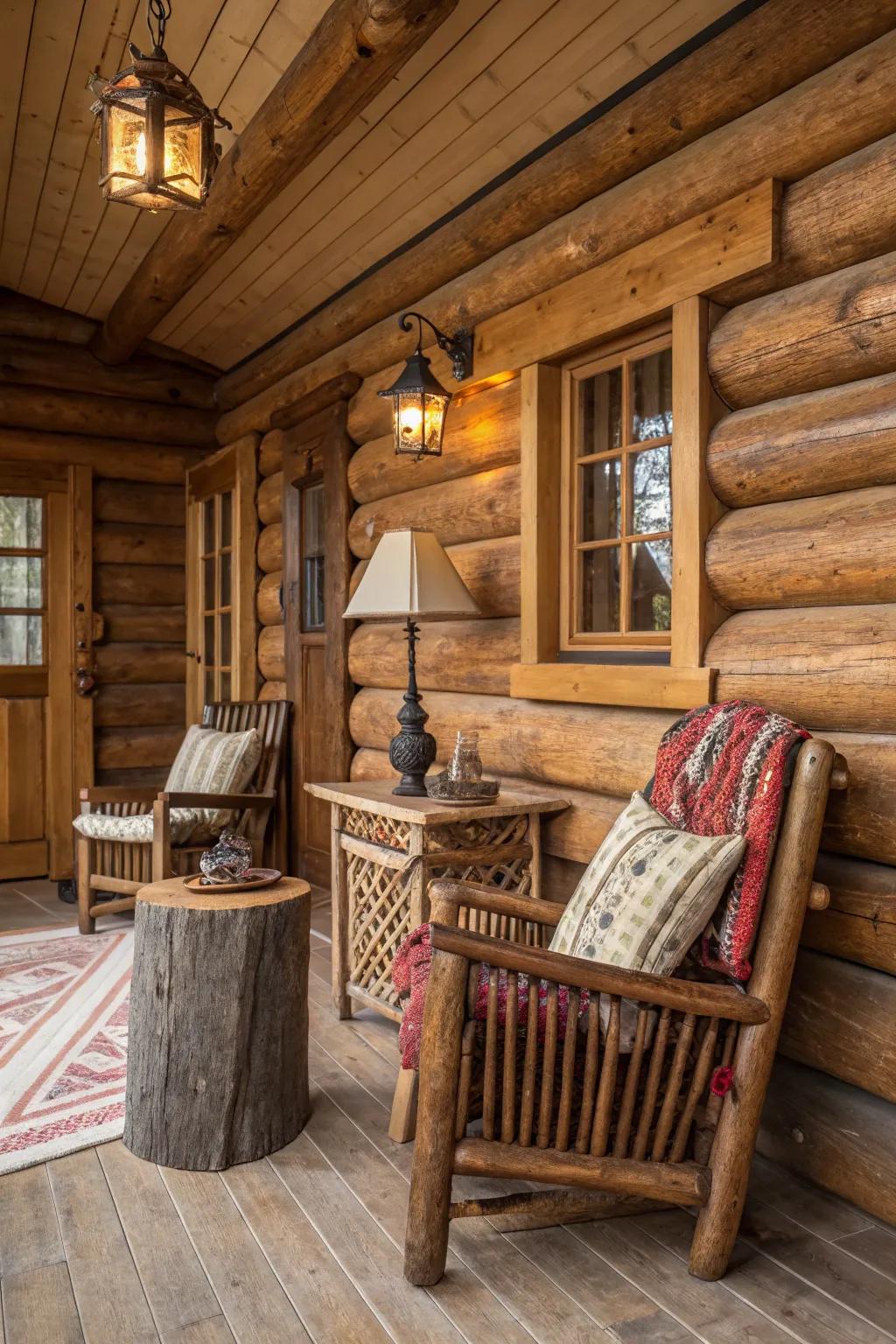A log cabin showcasing lovely wooden features and natural elements.