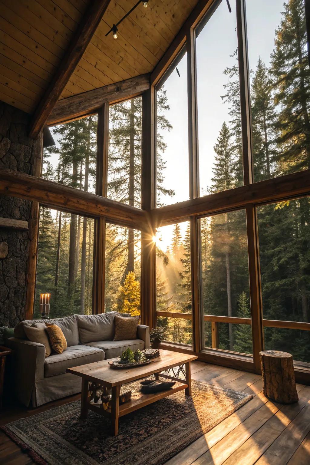 Vast windows illuminate the interior of a cabin, showcasing the surrounding nature.