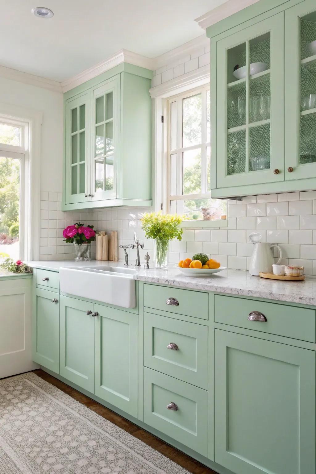Verdant-toned panels provide a refreshing sensation to the cooking area.