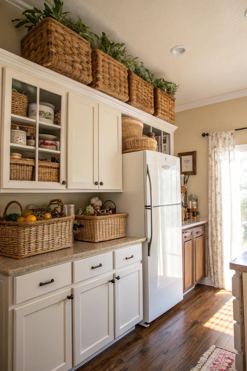 Wicker containers bring charm and practicality to the space above the refrigerator.