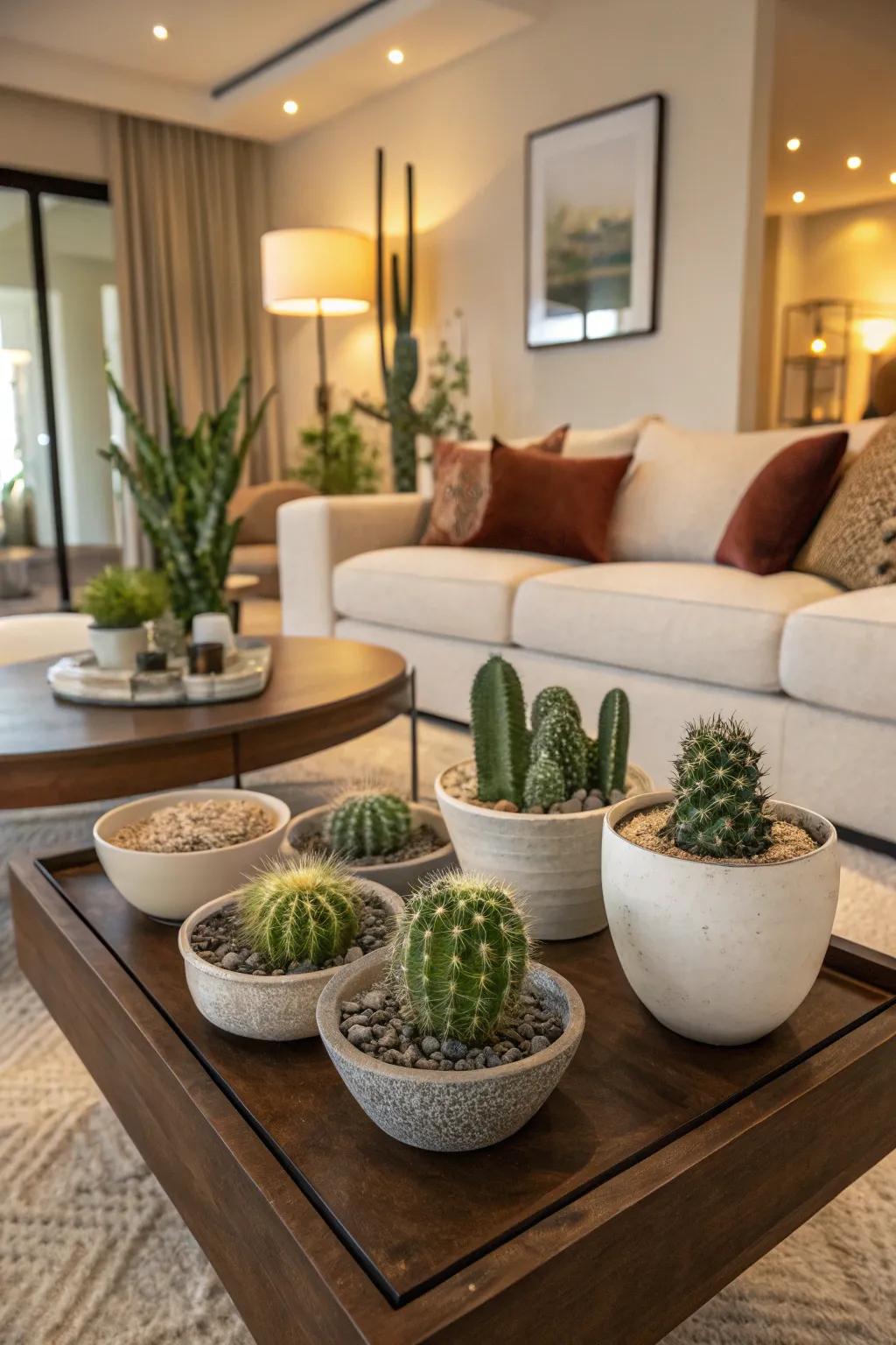 Chic ceramic bowls provide an elegant display for petite cacti.