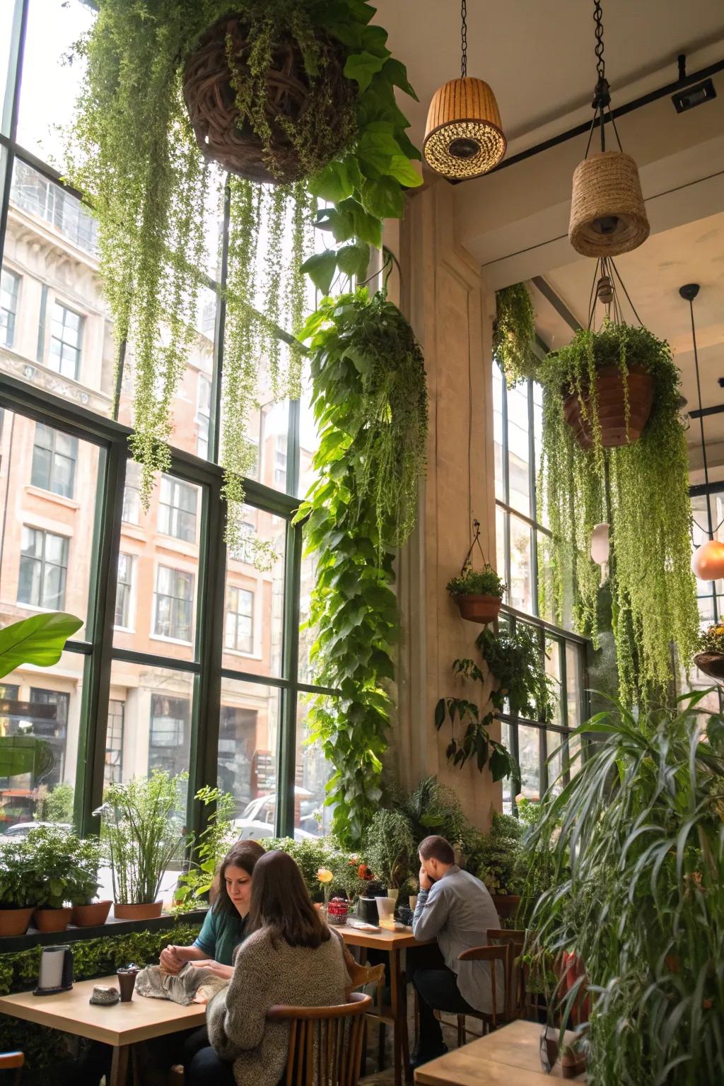 A cafe where nature meets comfort through lush greenery.