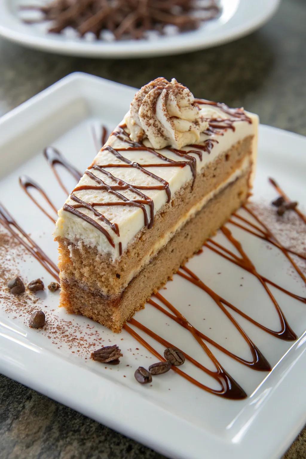 A simple chocolate swirl can turn your cake slice into a piece of art.