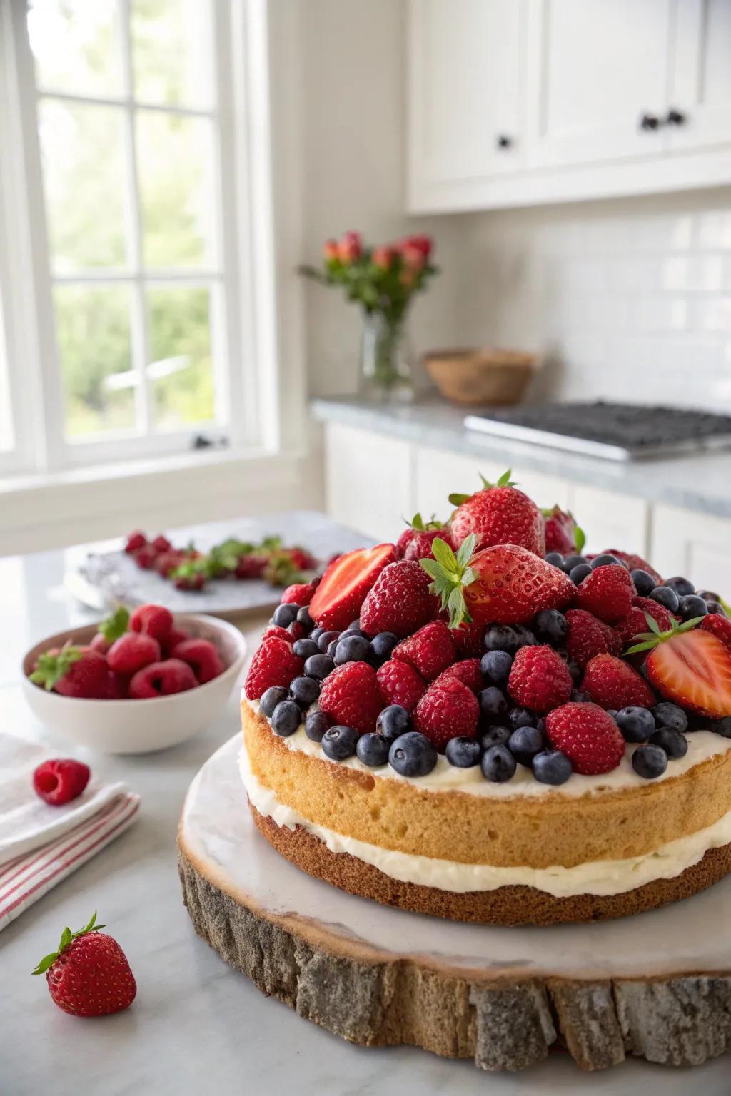 A mixed berry sensation cake overflowing with vibrant colors and delightful flavors.