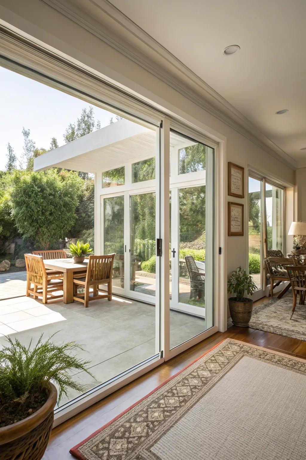 Gliding glass entrances in a California room unveil a sun-kissed patio.