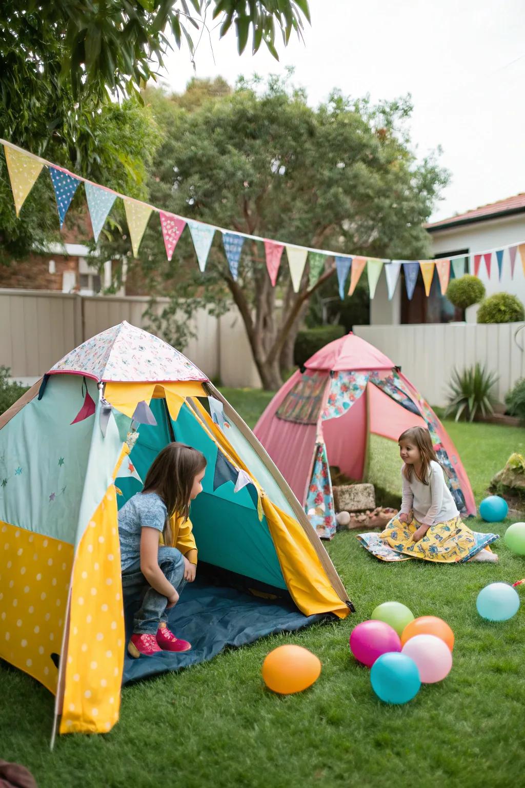Small tents including appeal and excitement to the outdoor birthday celebration.