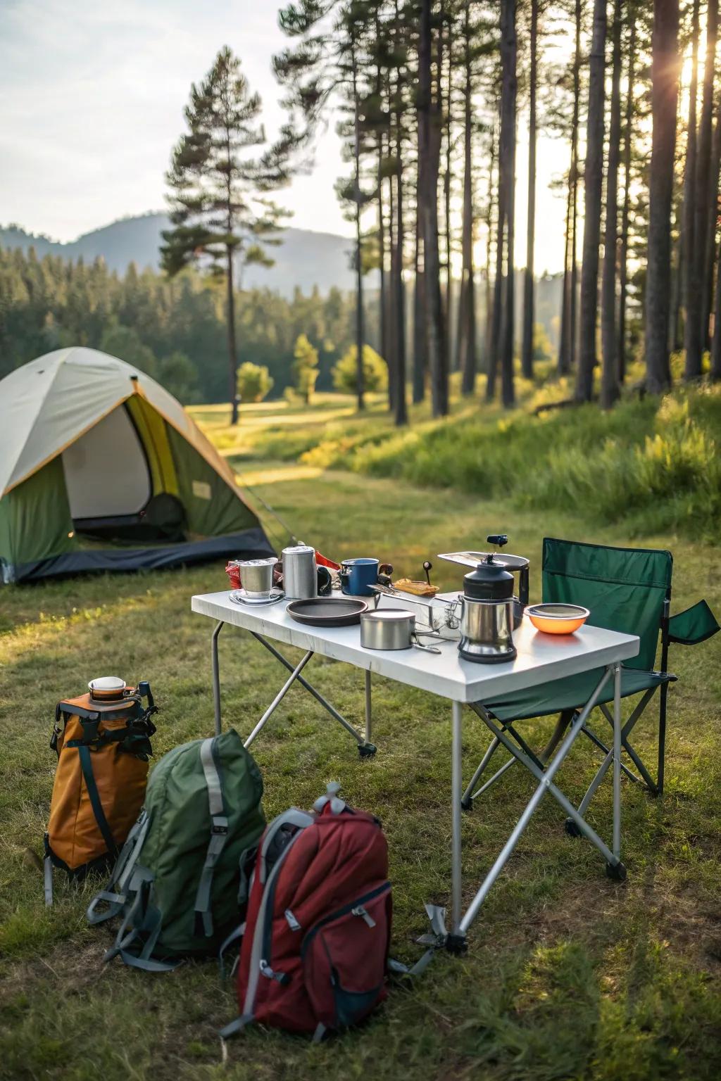 A collapsible table designed for open-air culinary explorations.