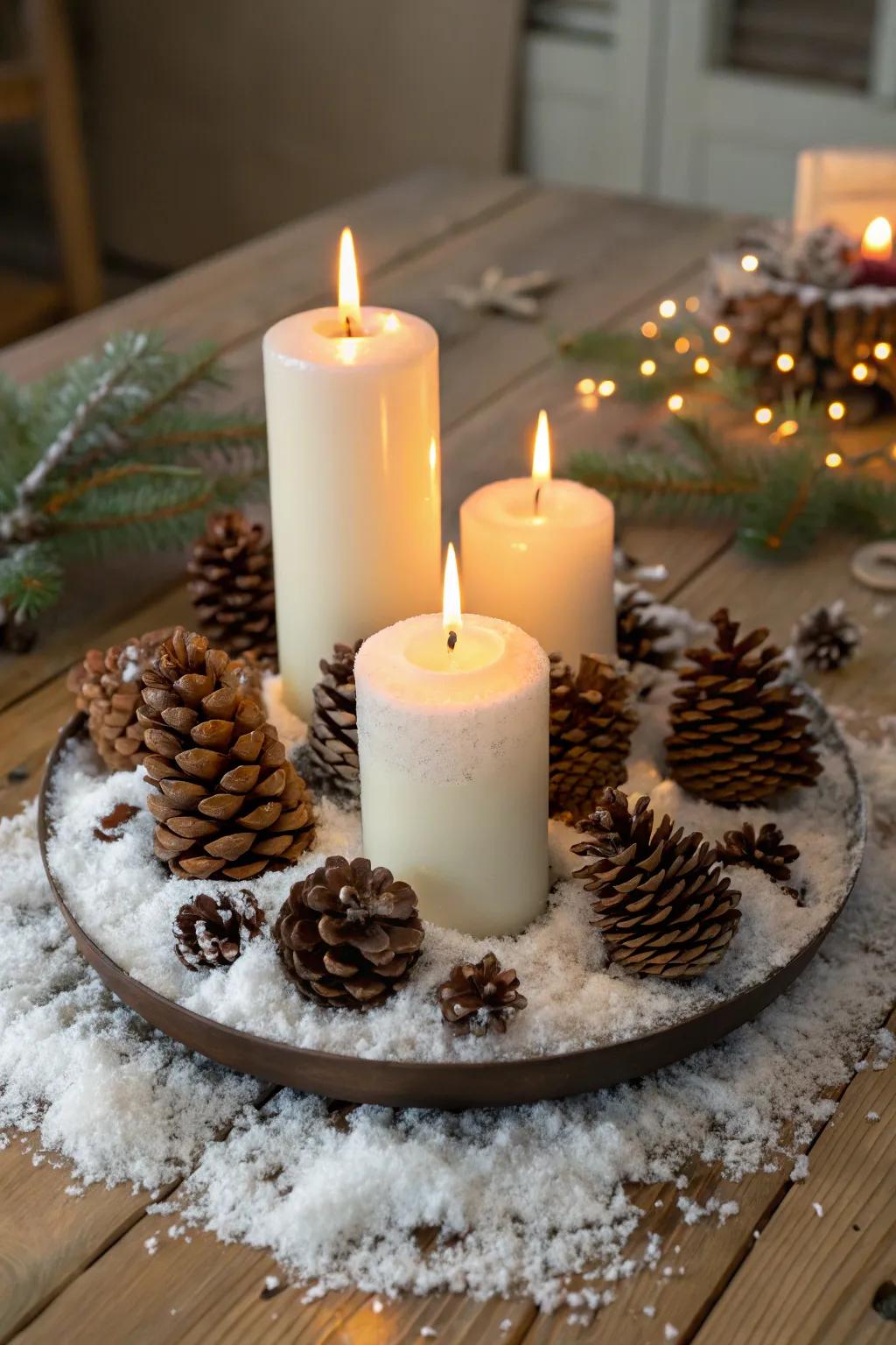 Country-style seasonal allure through cones and lights.