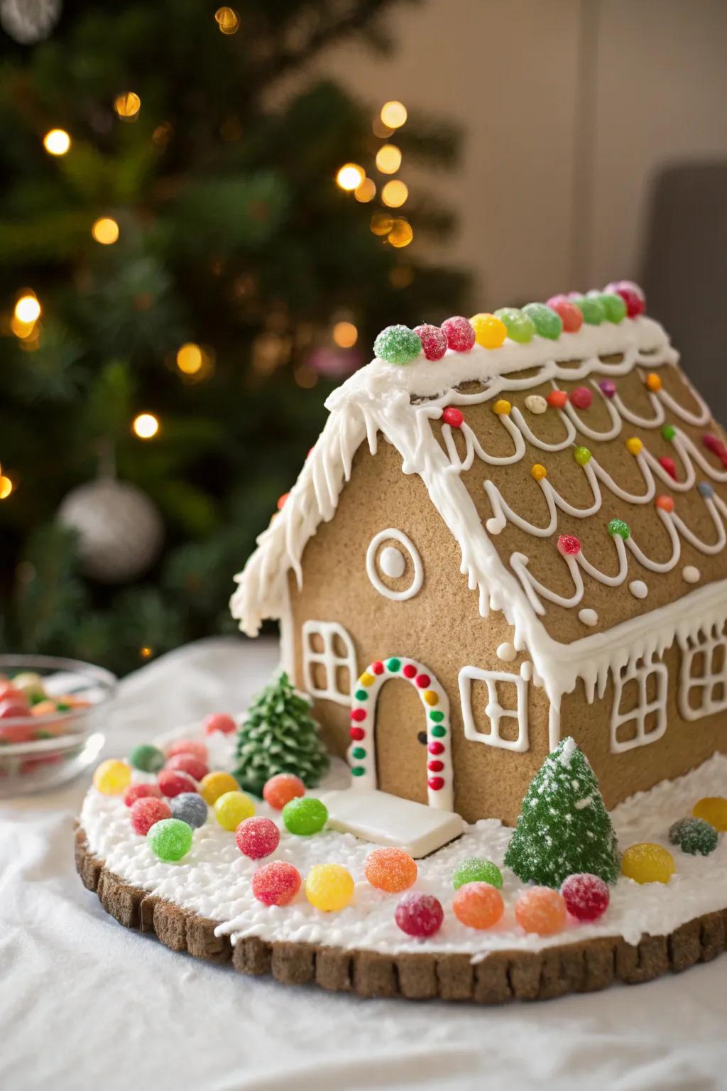 Jelly Buttons creating charming shrubbery around the gingerbread house.