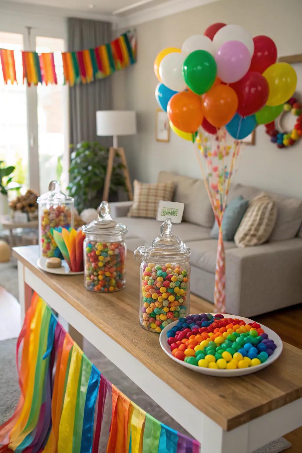A sweets display inspired by a rainbow, brimming with vibrant delights.