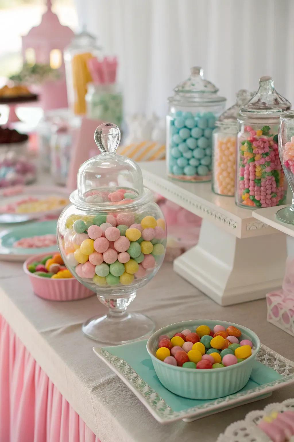 A candy display in pastel colors, with perfectly coordinated hues