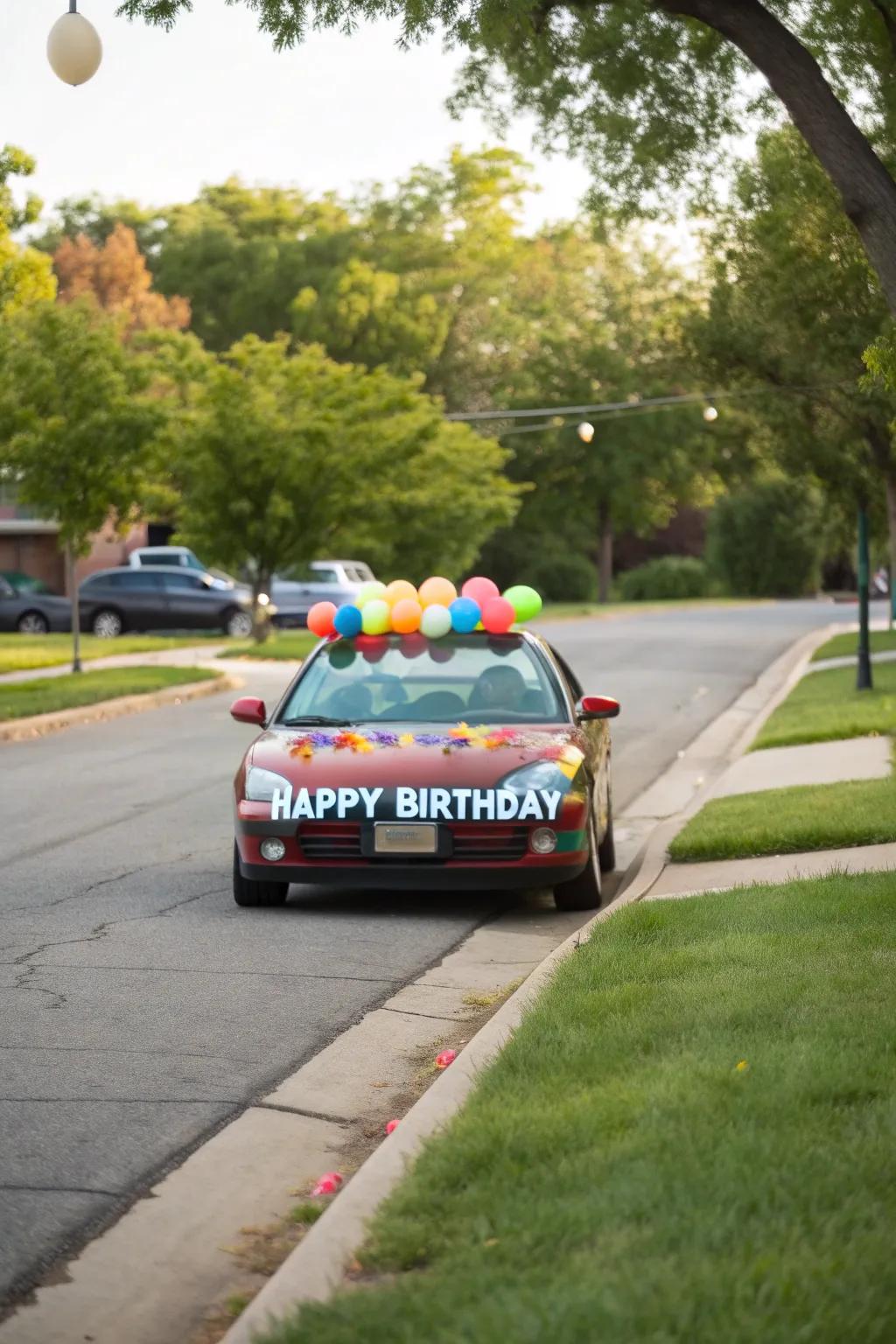 A car colorfully decorated with balloons and a birthday banner, ready for a delightful surprise.