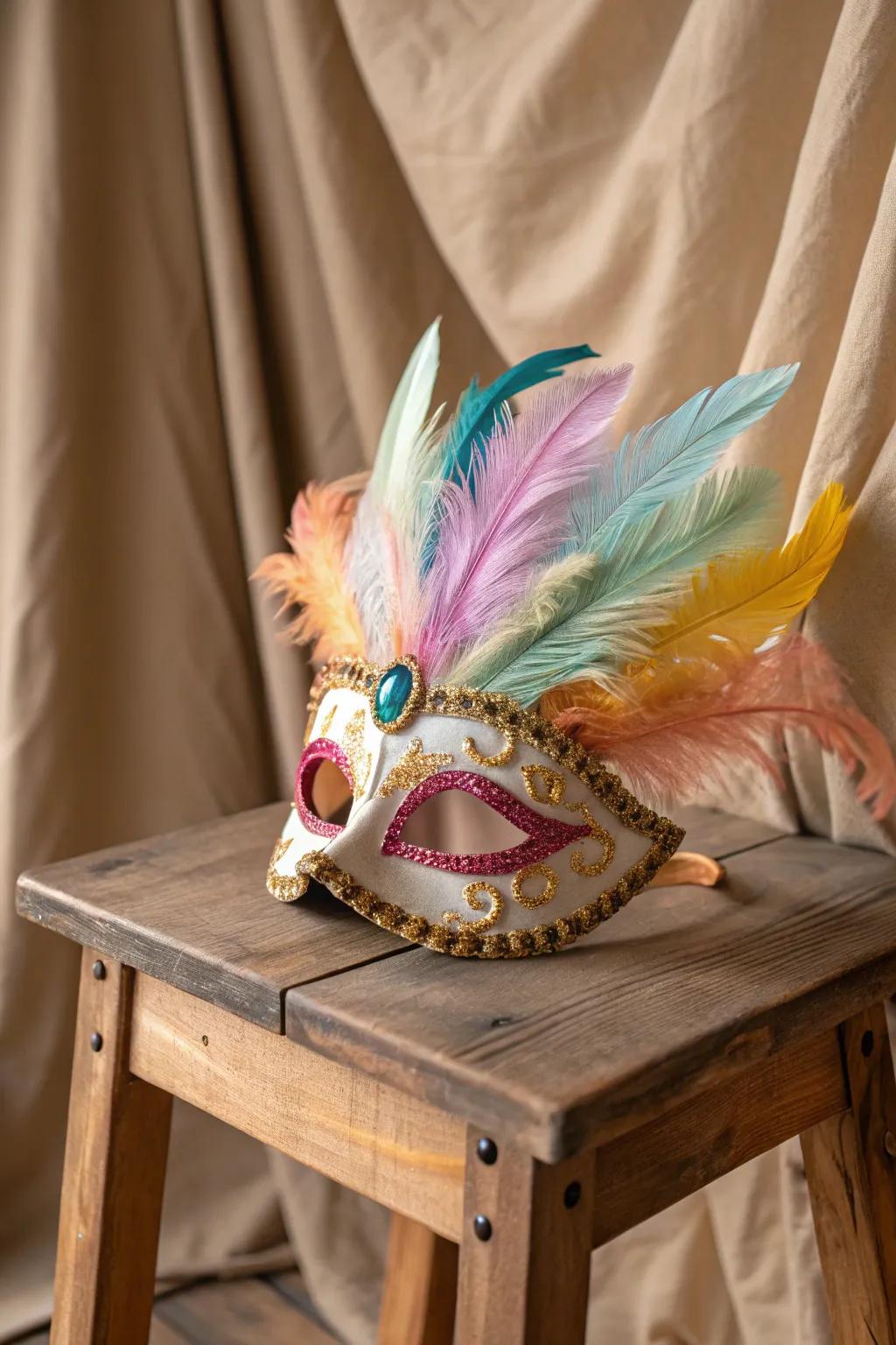 Indulge in the allure of a feathered dreamscape with this stunning carnival mask.