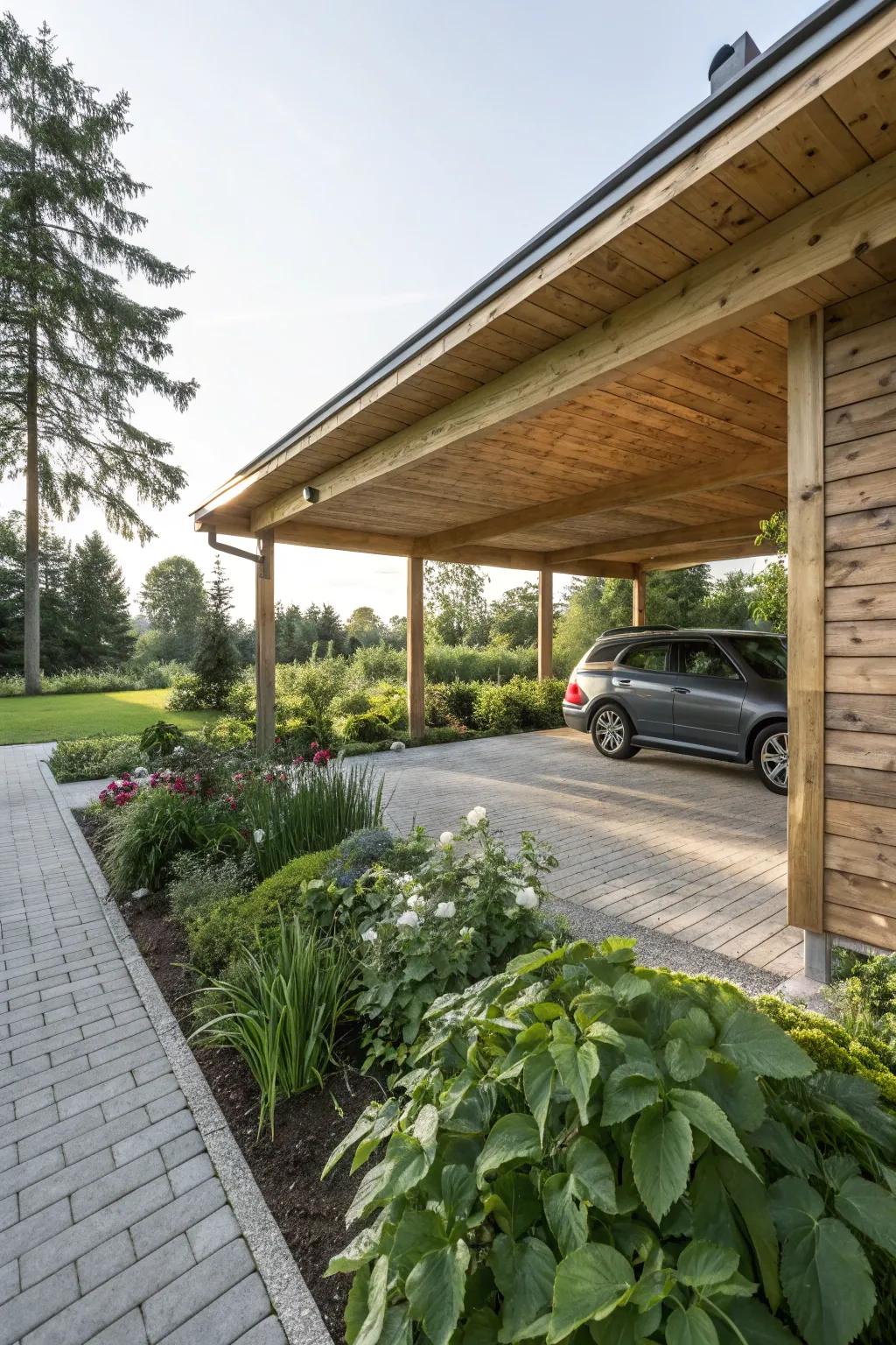 A wooden carport showcasing beautiful grain patterns, adding warmth and elegance to the home.