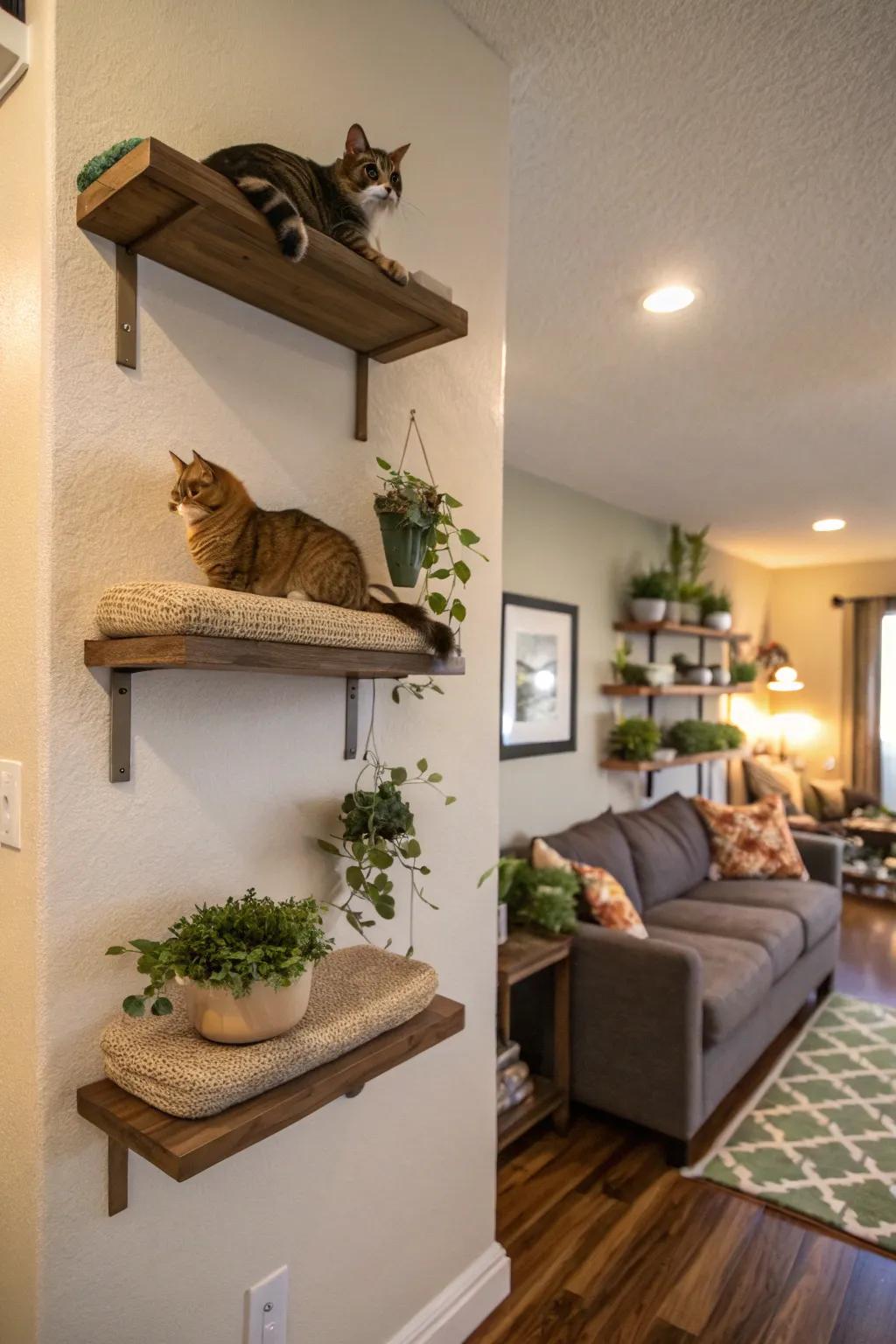 Floating shelves turn an empty wall into a stylish activity center for cats.