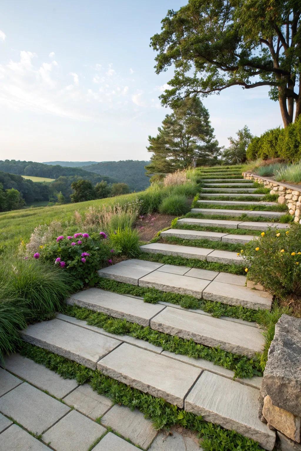 A delightful mix of stone tile steps and grass for a natural aesthetic.