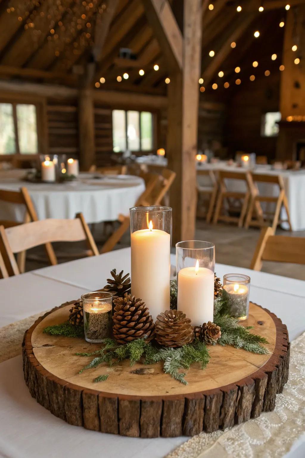 Earthy appeal with a wooden round centerpiece foundation.