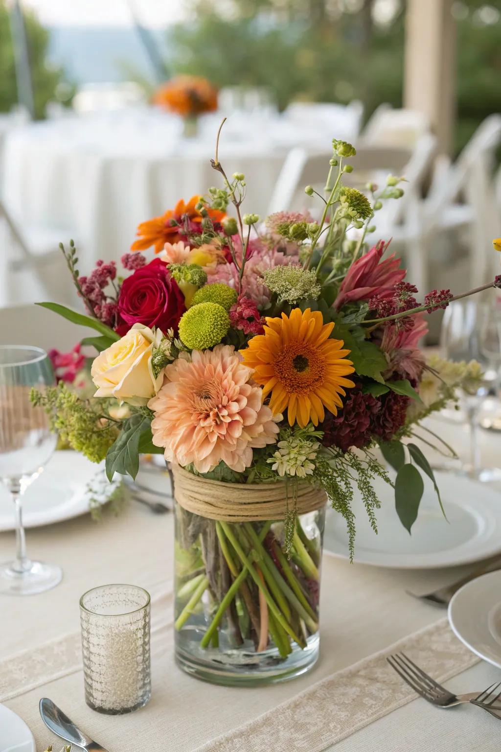 An energetic bouquet of seasonal flowers makes any table brighter.
