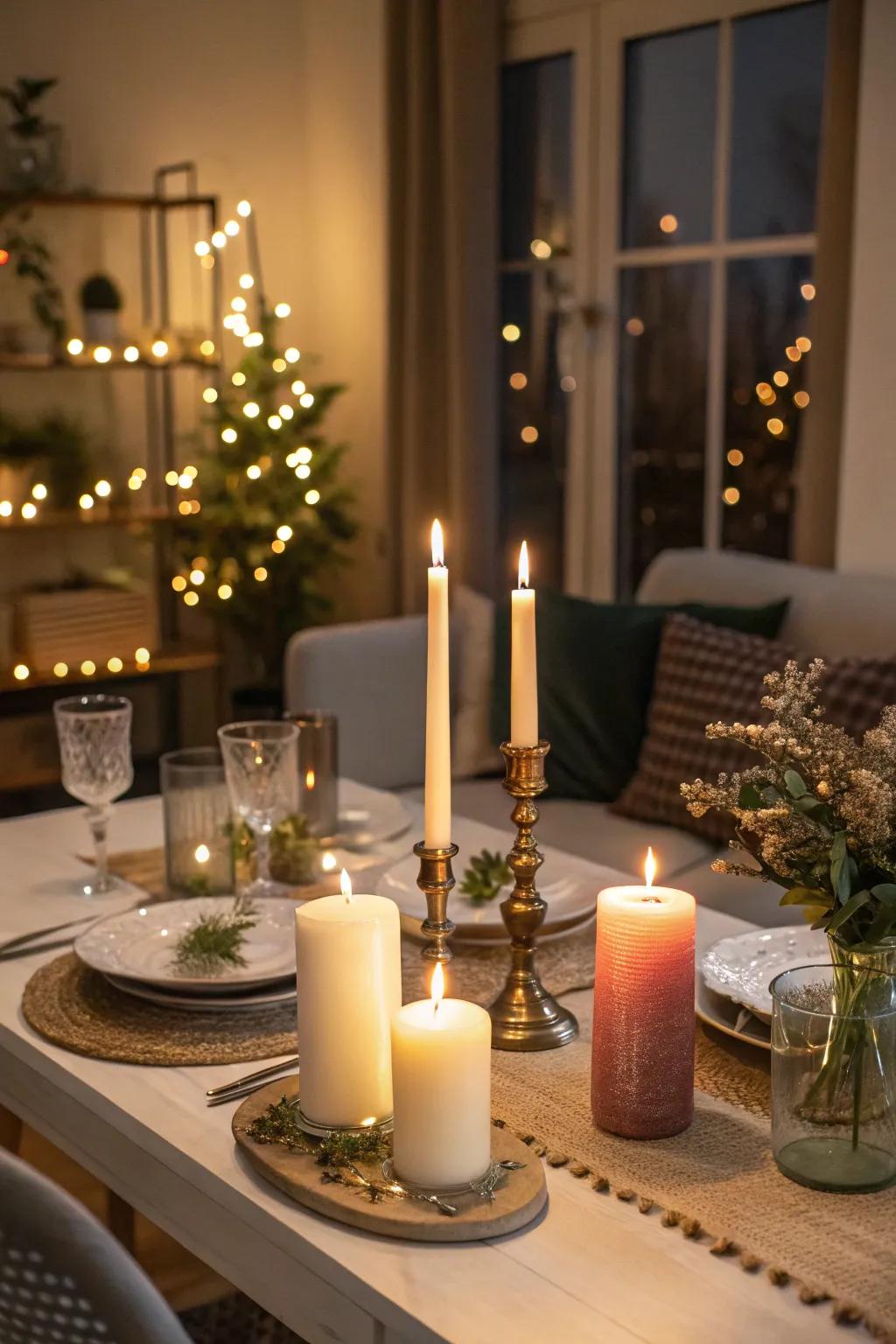 Candles provide a warm and welcoming ambiance without the need for floral arrangements.