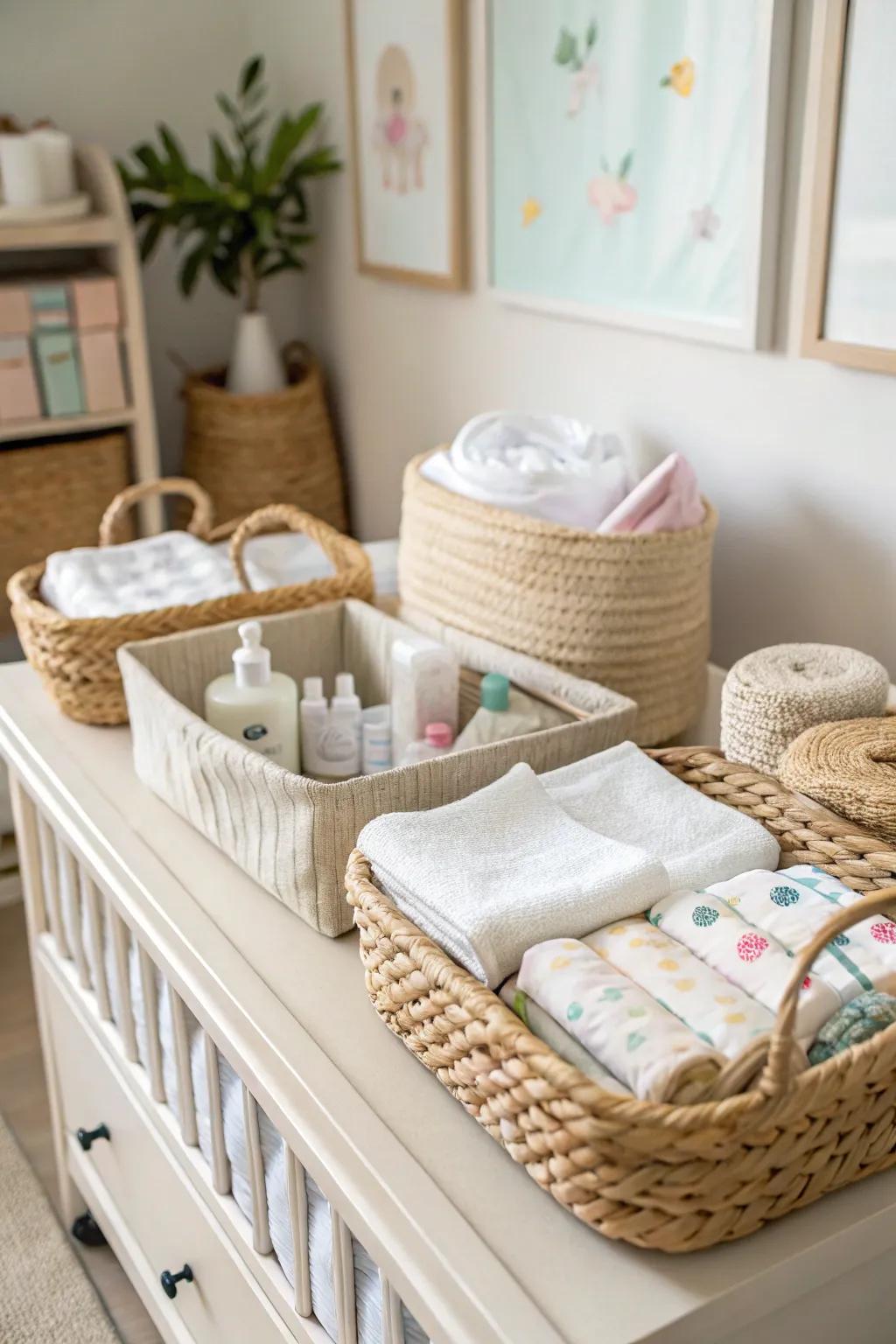 Woven containers neatly arranging baby items on a changing table.