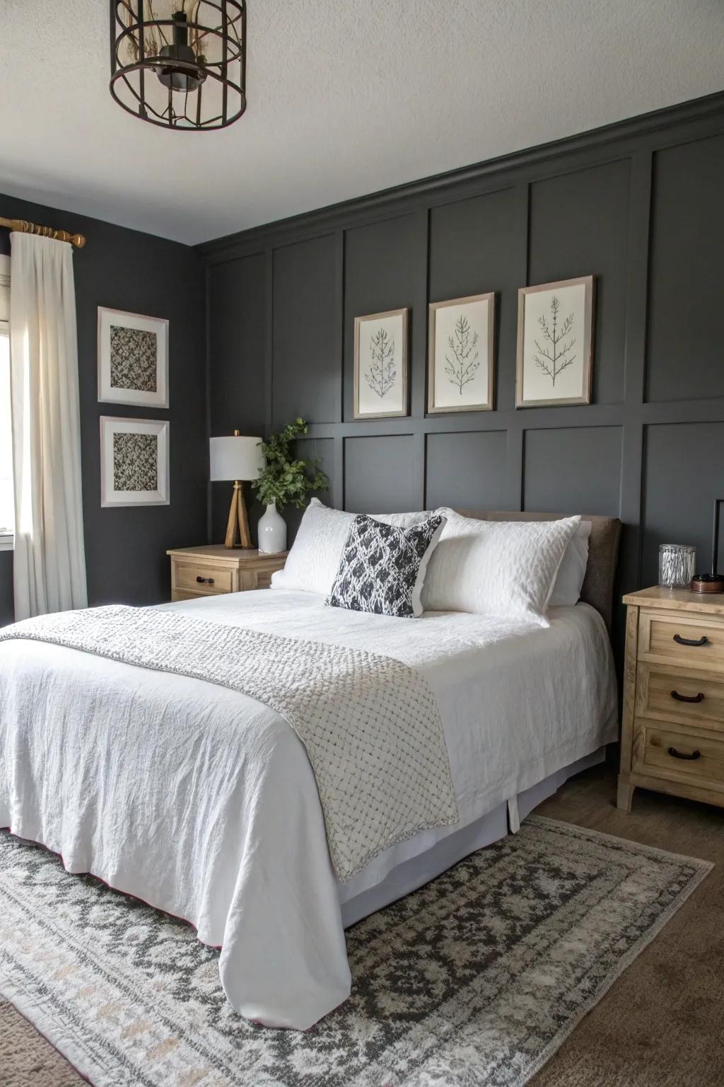 A timeless combination: dark ash walls complemented by pristine white elements.