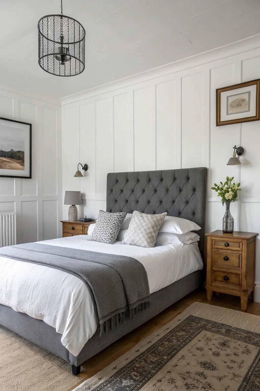 Charcoal grey headboard against crisp white walls for a clean, modern look.