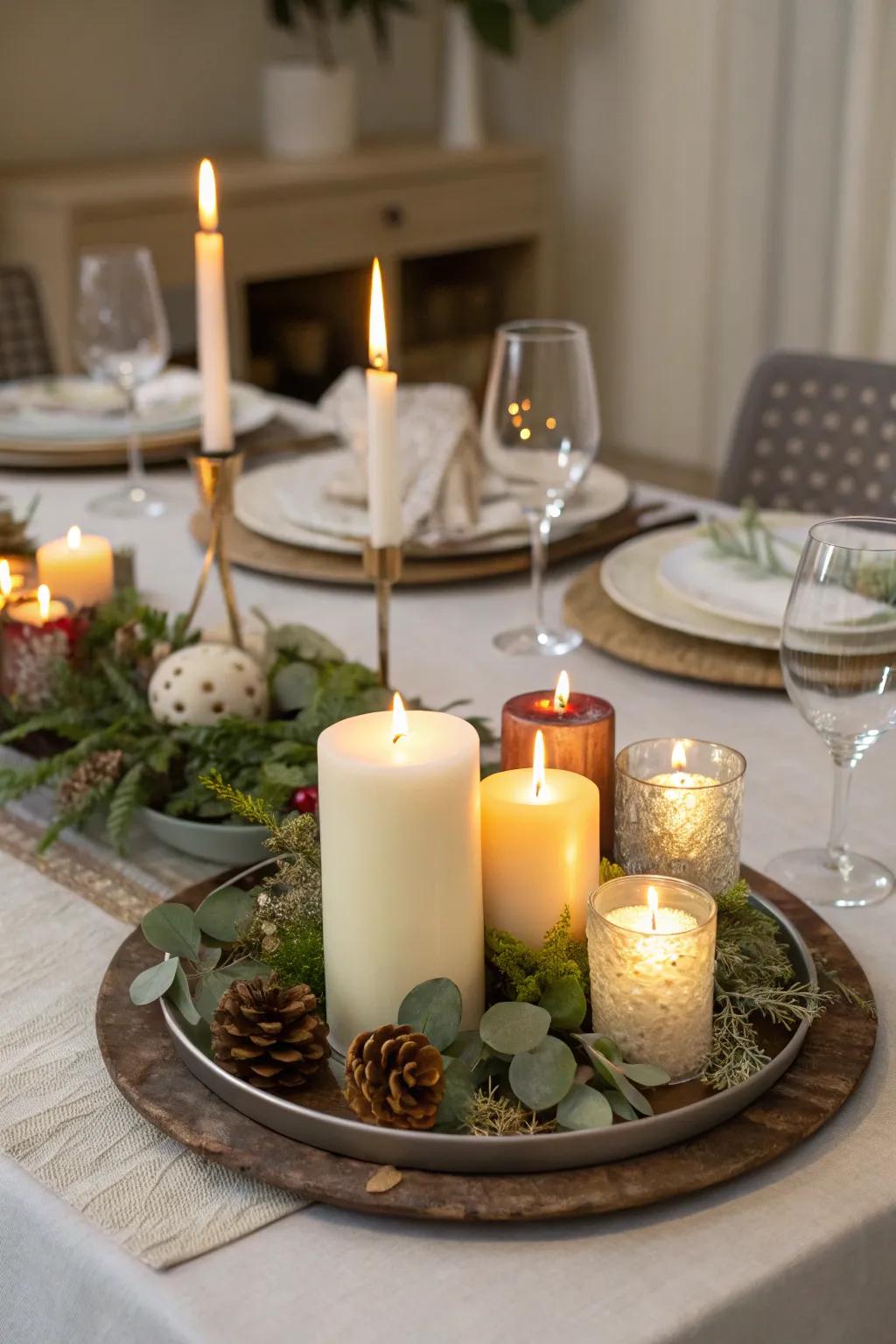 Produce an inviting atmosphere with a candle-centered charger plate arrangement.