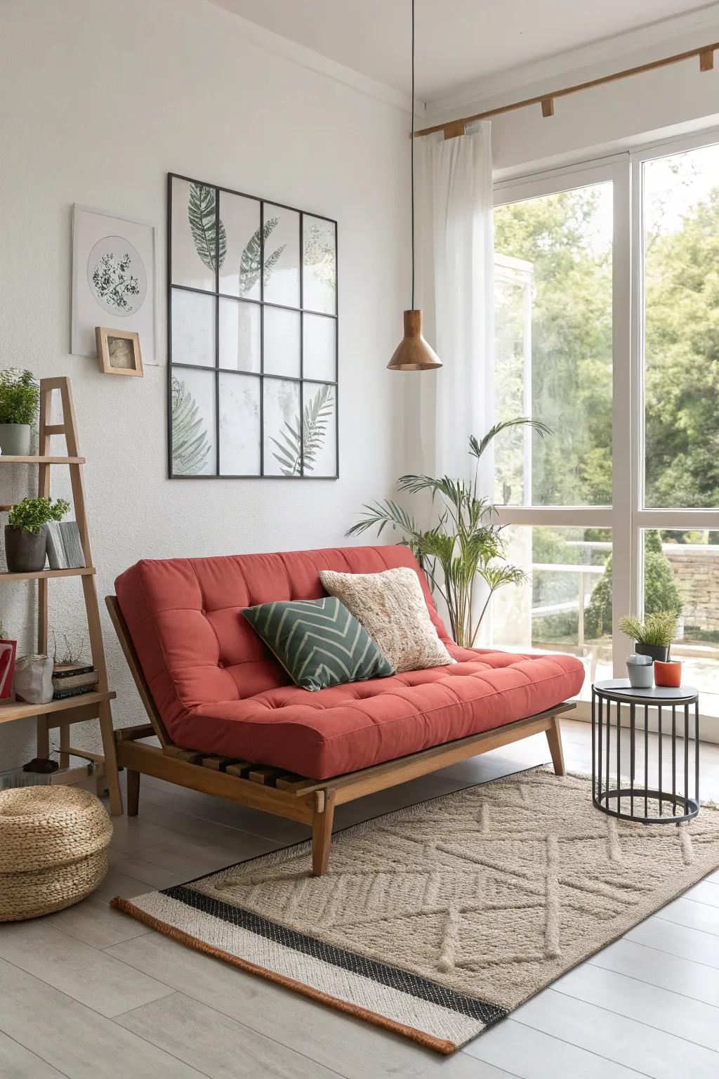 An adaptable futon infuses vibrancy and practicality into any setting.