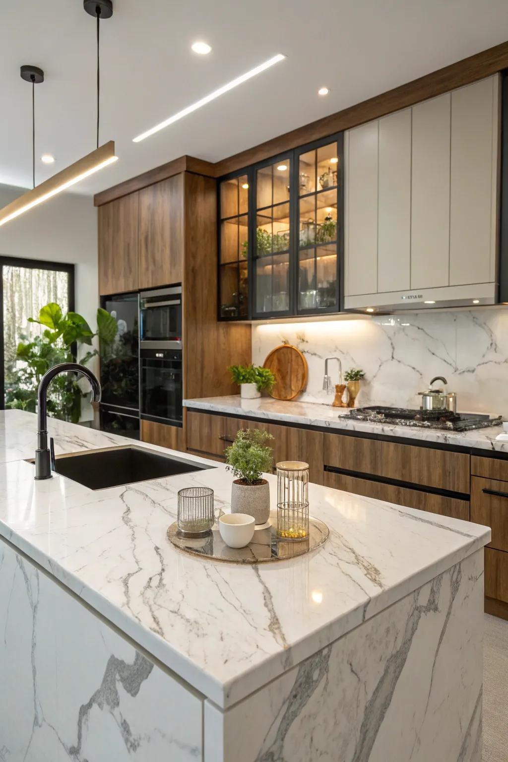 Fashionable kitchen showcasing synthetic layered countertops with a marble appearance.