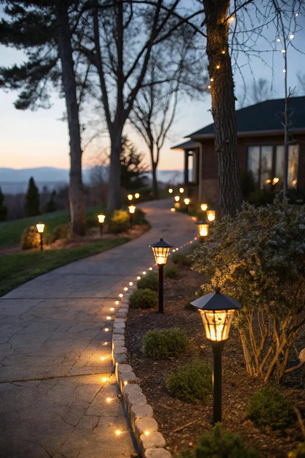 Sun-powered lamps can transform your driveway into a captivating path.