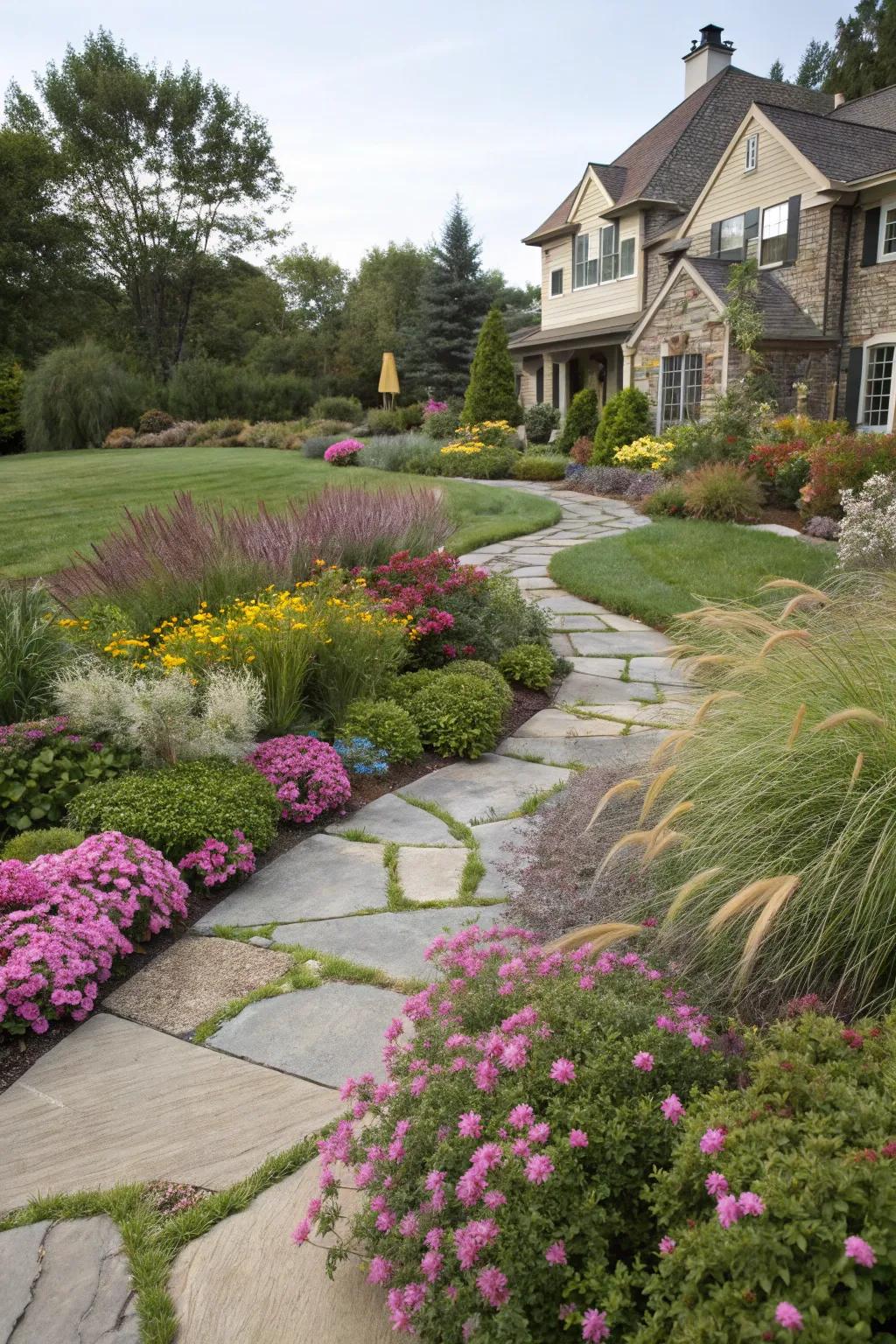 Stone pathways enhance both the aesthetic and practicality of a grass-free garden.