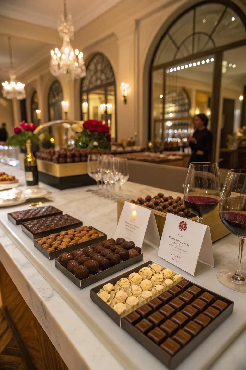 An elegant chocolate tasting station featuring an array of global tastes.