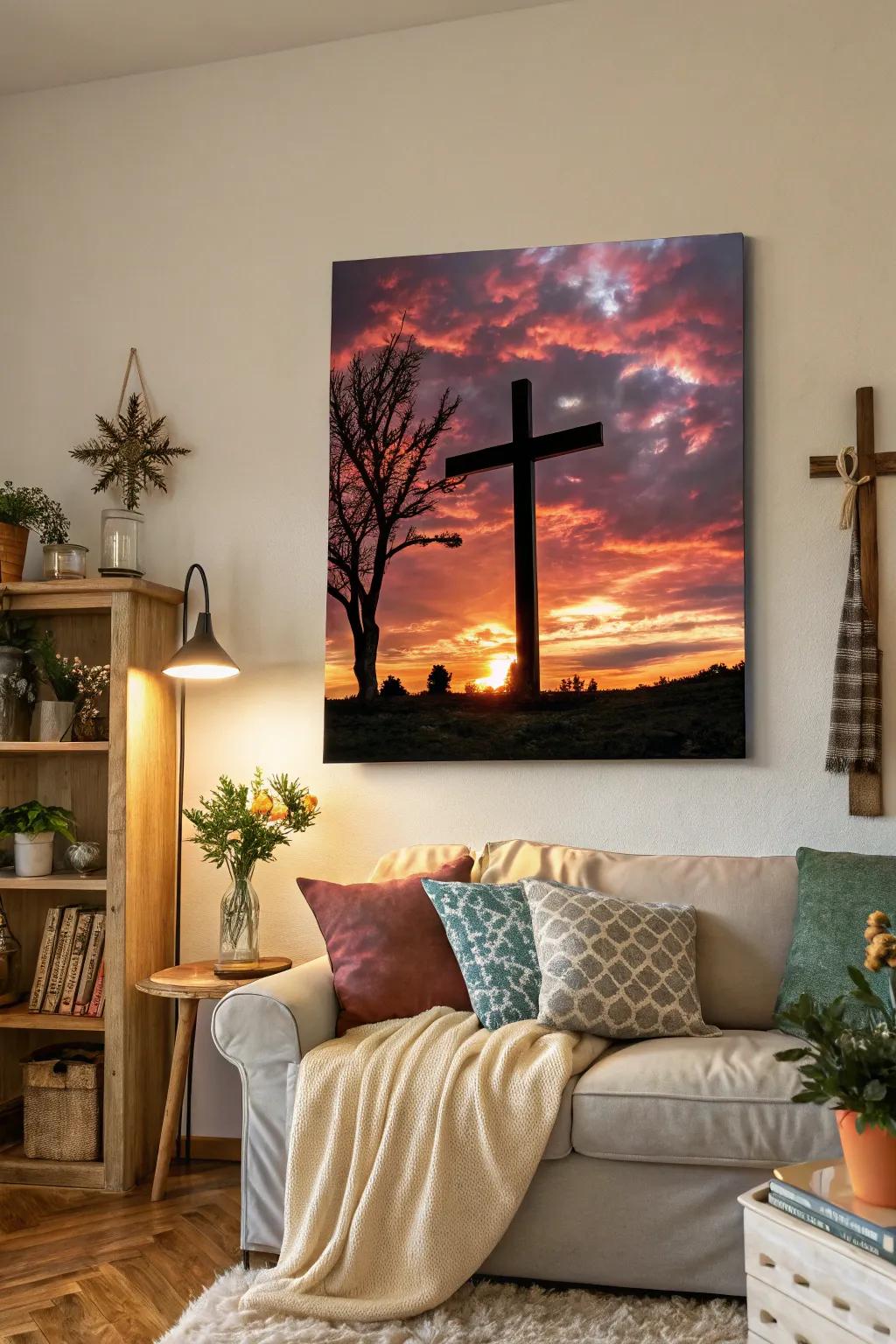 A cross against a sunset backdrop introduces warmth and faith to any space.