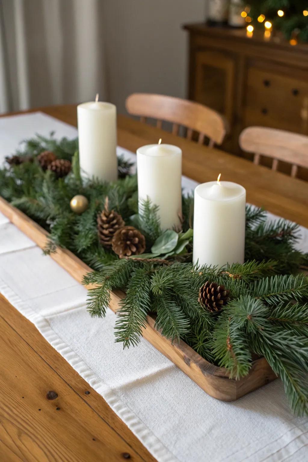 An illuminated evergreen retreat centerpiece fills your space with natural warmth.
