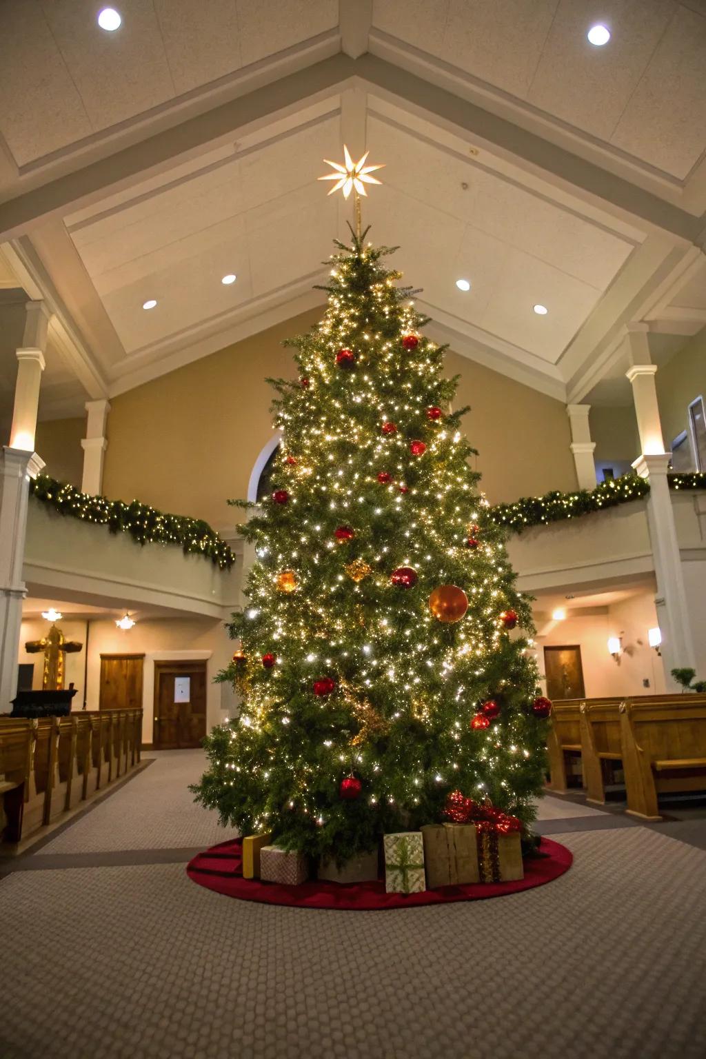 A magnificent Yuletide fir extends a warm greeting to churchgoers at the portal.