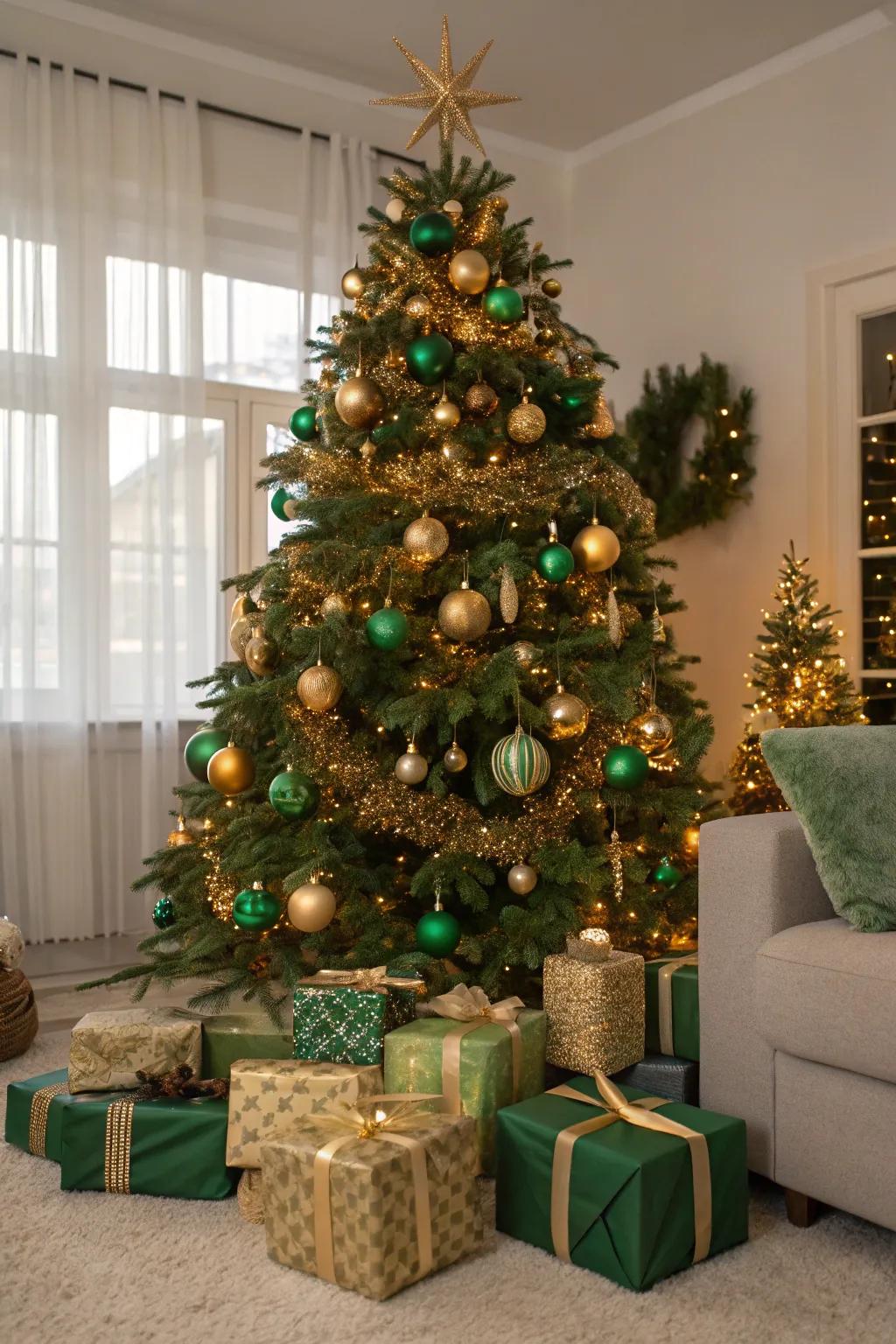 A Christmas tree designed with a cohesive gold and green theme, perfect for the festive period.