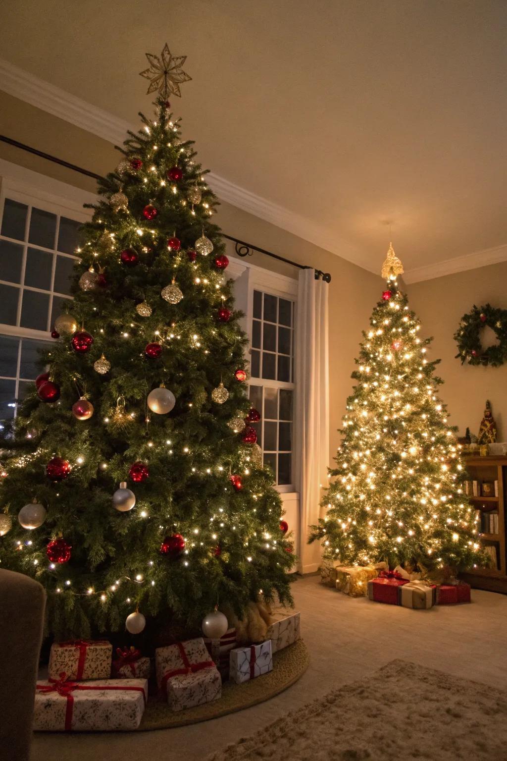 A pair of Christmas trees infuses your living space with an unparalleled festive charm.