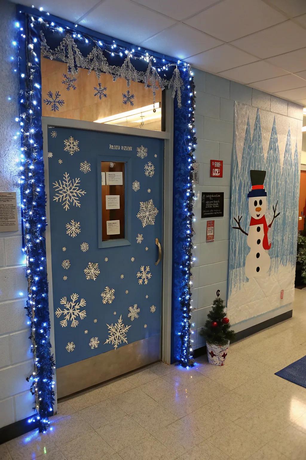 A school door reimagined as an enchanting winter wonderland.