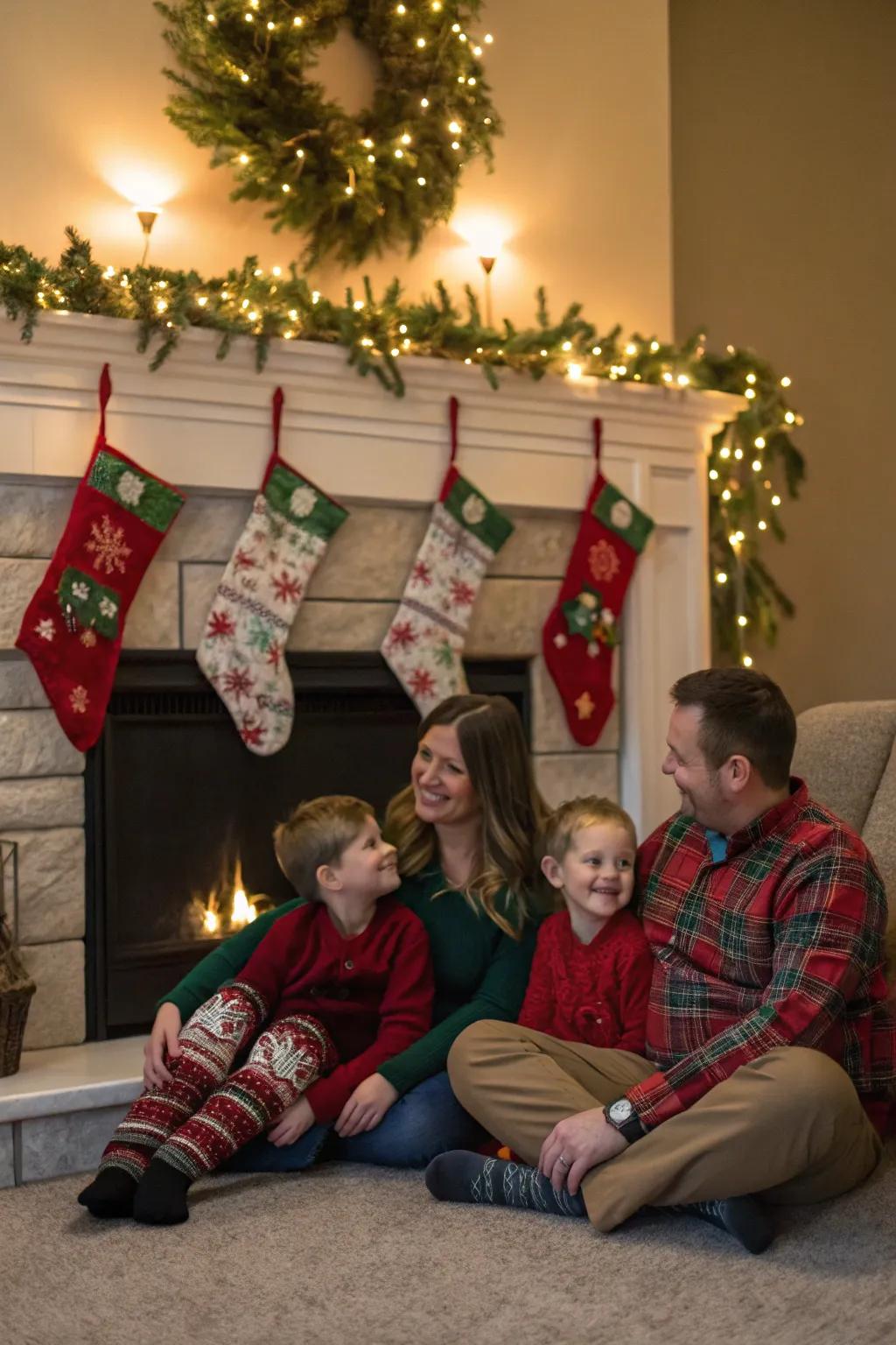 A cherished family moment enjoying the warmth of the fireplace.