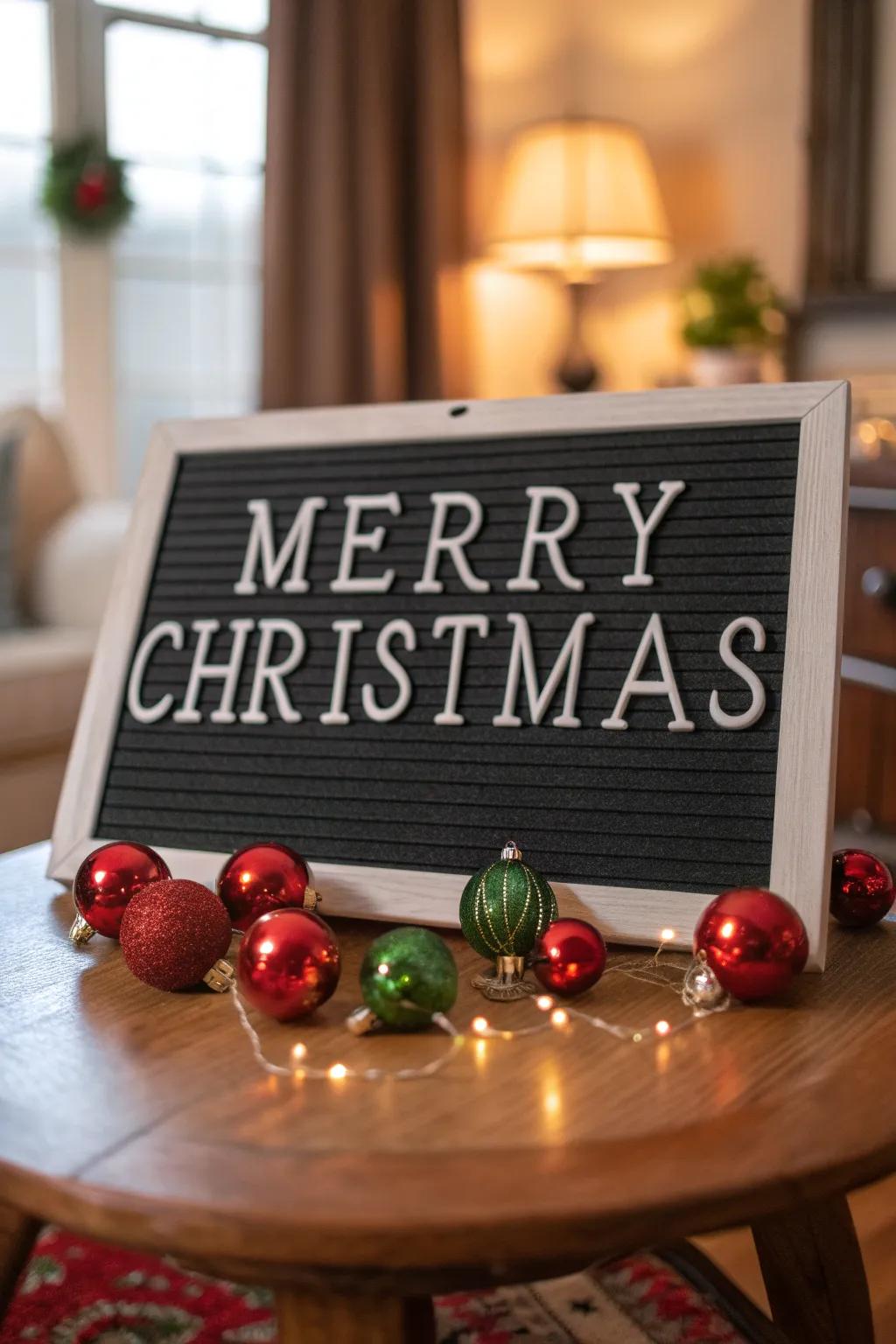 A classic 'Merry Christmas' holiday display, enhanced with festive ornaments.
