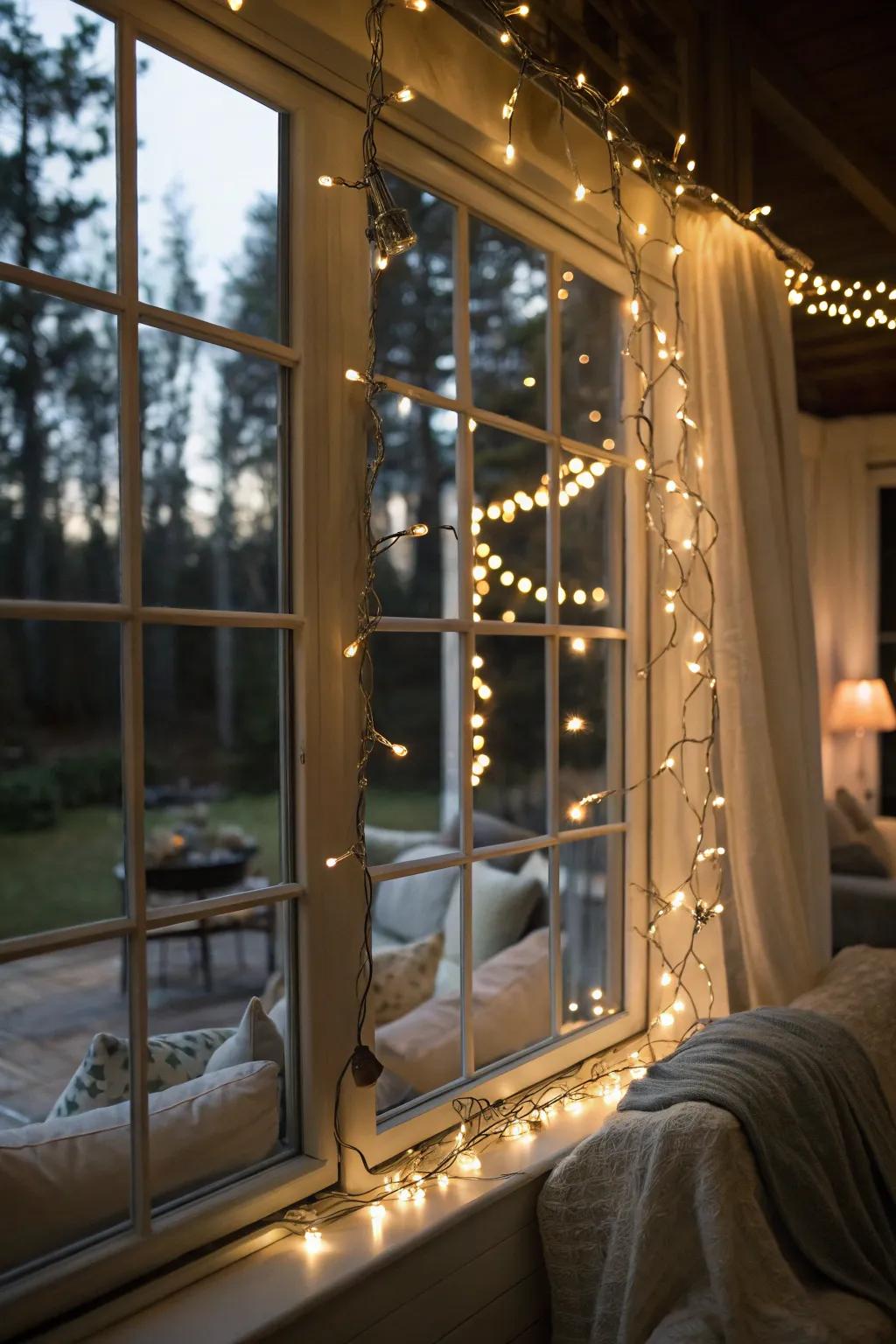 Classic string lights frame the window, creating a festive and ageless atmosphere.