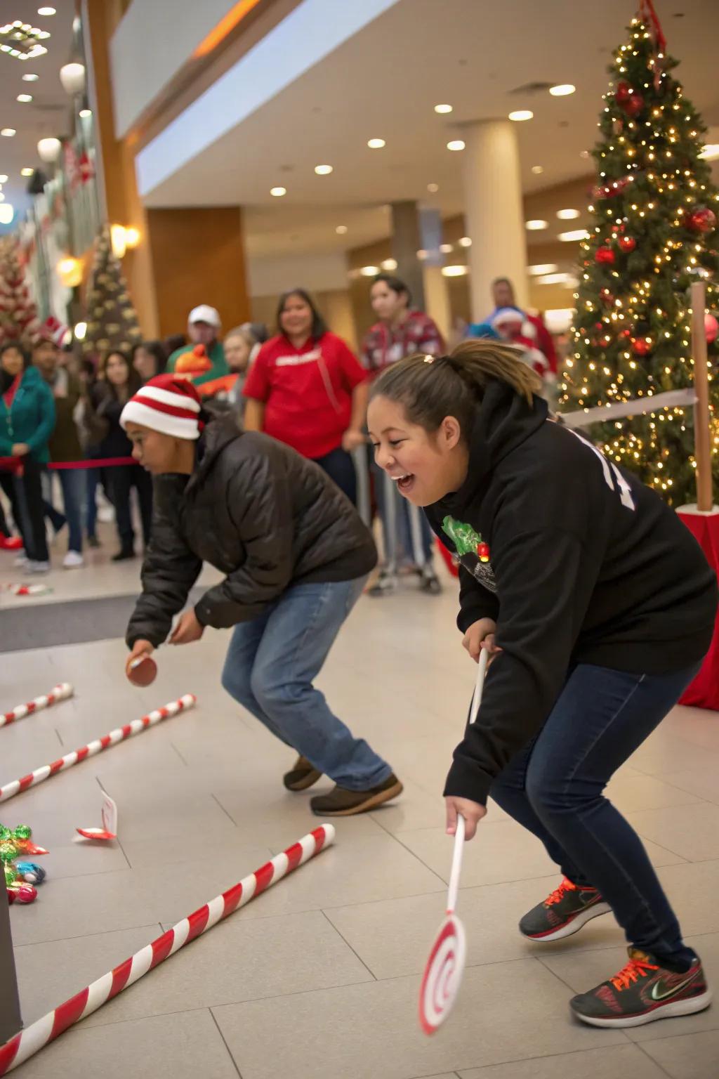 Contestants in a peppermint stick relay, demonstrating steadiness and holiday excitement.