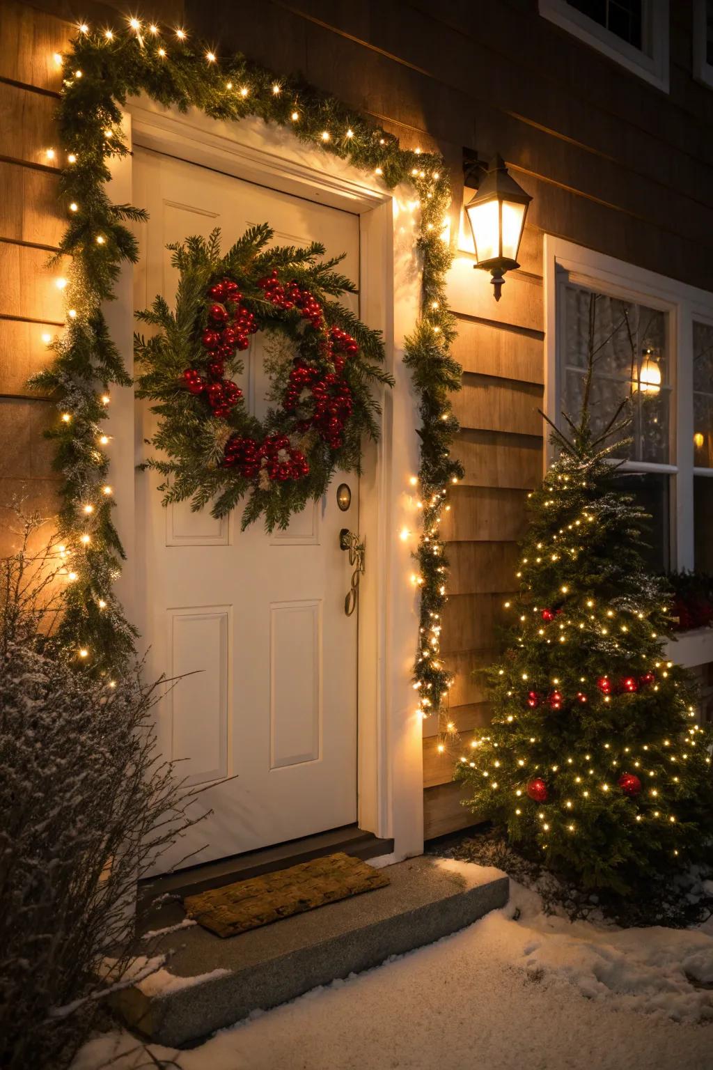 An impressive entrance featuring a festive wreath sets the mood for an enchanting evening.