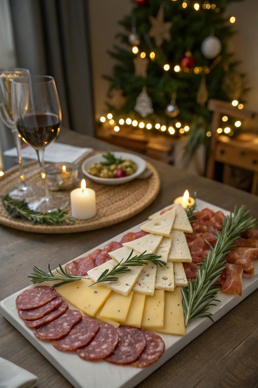 Christmas tree cured meat platter featuring various cheeses and meats.