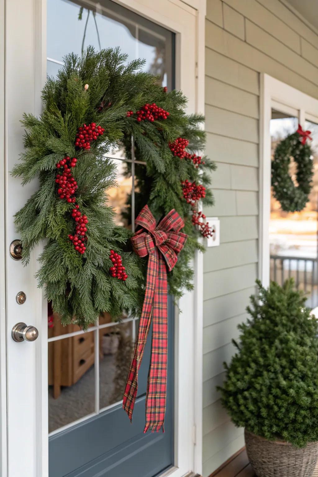 Classic Yuletide arrangement with evergreen sprigs and checkered band.