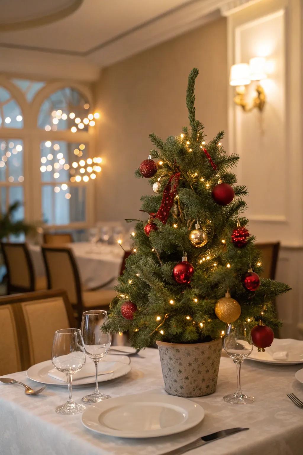 A miniature Christmas tree contributes a merry atmosphere to the dining table.